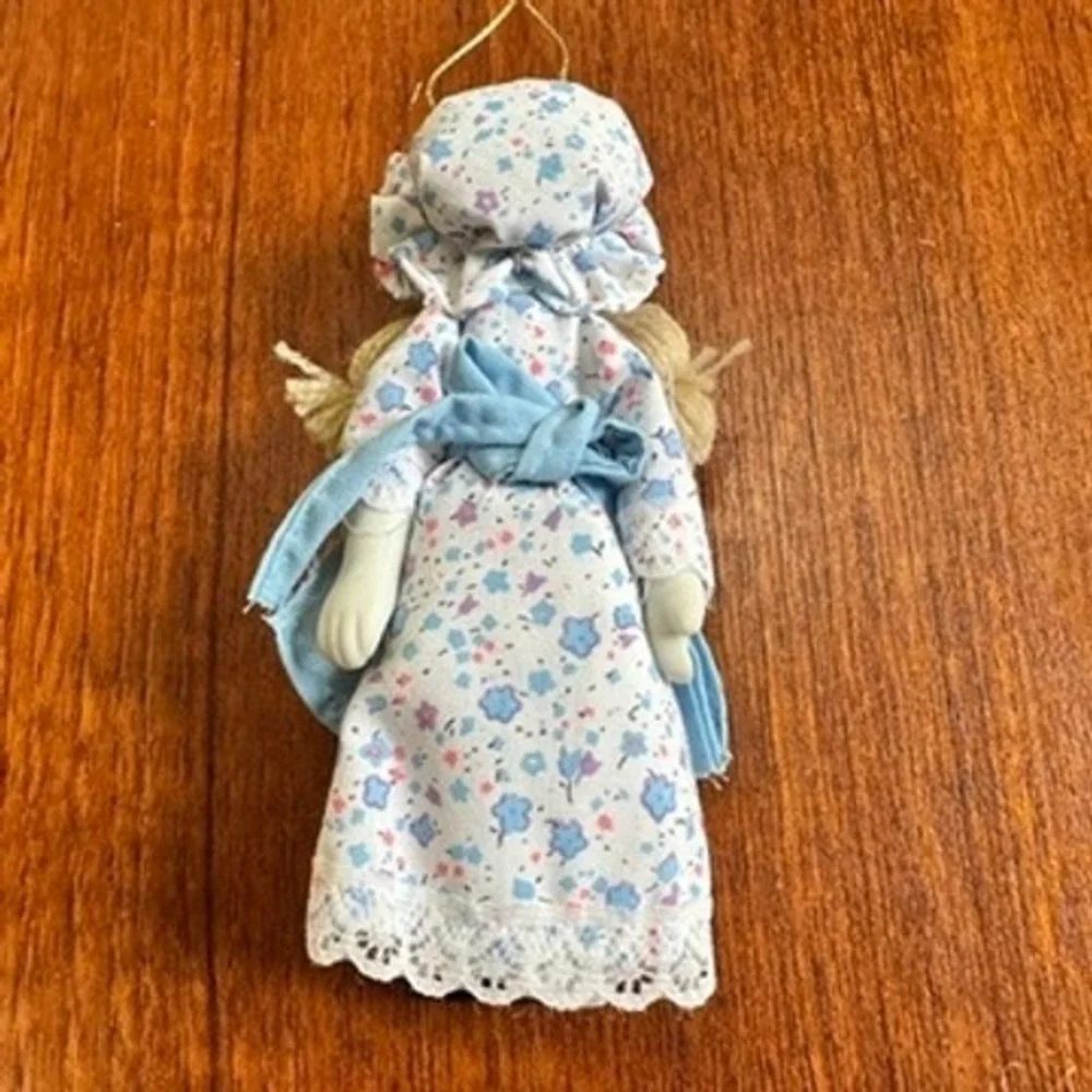 Trim-A-Tree Porcelain Doll Ornament Hand Painted Vintage Floral Blue Dress 5.5